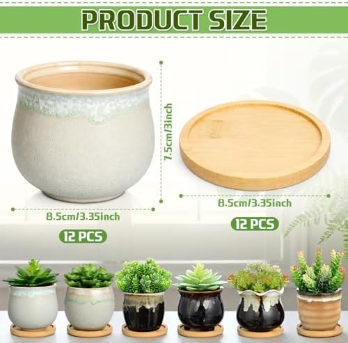 Remerry 12 Pcs Ceramic Succulent Pots with Drainage 3.5 Inch Bamboo Tray - Image 3