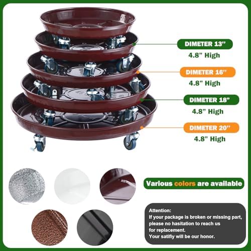 Planterhoma 3 Packs 13 inches Metal Plant Caddy with Wheels Large Rolling Plant Stand Heavy-Duty Iron Plant Dolly Casters for Indoor Outdoor Flower Pot Mover Roller Coasters, Dark Coffee - Image 3