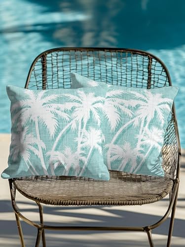 Throw Pillows 18x18 Set of 2, Tropical Palm Tree Waterproof Outdoor Pillow Covers with Insert, Vintage Mint Green Exotic Botanical Plants Decorative Pillowcase Cushion for Patio, Garden, Couch - Image 4