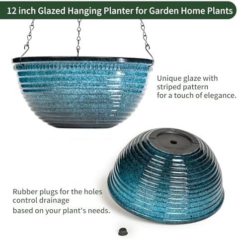 12 Inch Glazed Hanging Planters for Indoor Outdoor Plants, Hanging Baskets - Image 3