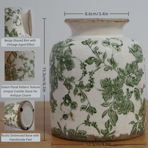 Vintage Green Crackle Glaze Ceramic Flower Vase, 6” Small Rustic Pottery Decorative Botanical Vase with Distressed Beige Rim French Country Farmhouse Cottage Tabletop & Mantel Home Decor - Image 6