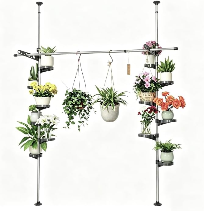 Plant Stand Floor to Ceiling-12 Trays Flower Pot Holder Tension Rod Grey by BAOYOUNI