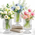 Pumtus 3 Pack Flower Vases for Centerpieces, Vintage Glass Pedestal Vase Set, Decorative Embossed Big Base Vase, Clear Hurricane Candle Holder, Medium Cylinder Vase for Wedding, Home, Party, Office by Pumtus