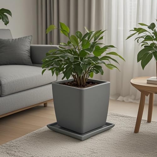 Square Ceramic Plant Saucer Tray 12 13 14 Inch Grey,14" OD x12.2 ID x1.6 Deep, Sturdy Heavy Duty Glazed Planter Drip Flower pots with Catch Basin for Indoor Outdoor Plants(14" Grey) - Image 6