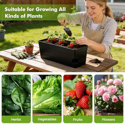 Self Watering Pots for Indoor Plants 17 Inches Window Boxes Planters Rectangular Flower Pots Rectangle Herb Pots Large Plant Pots with Drainage Holes and Saucers Windowsill Planter (4, Black) - Image 6