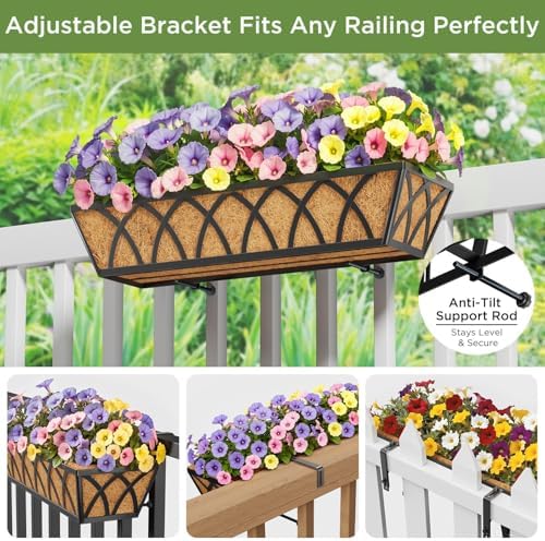 HFHOME 24 inch 2 Pack Railing Planter Boxes, Heavy Duty Window Box Planters, Adjustable Balcony Planters for Railing Hanging, with Coco Liner & Support Rod for Deck, Porch, and Patio Gardening - Image 4
