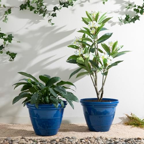 Glitzhome 15.5" D Large Flower Pots, Set of 2 Large Planters for Outdoor Plants with Drainage Holes, Cobalt Blue Faux Ceramic Finish, Plastic Tall Flower Pots for Garden, Patio, Porch or Indoor Use - Image 7