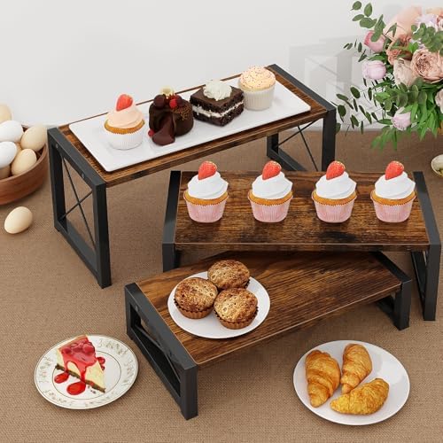 ELITEROO 3 Tier Cupcake Stand & Wood Display Risers, Dessert Stands for Cup Cake or Food, Riser Display Stand for Perfume Collectibles, Tiered Shelf Organizer for Market Retail Vendors, Rustic Brown - Image 3