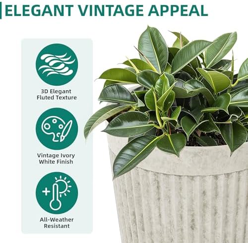 2-Pack 20" Vintage Ivory Resin Tall Planters with Fluted Texture - Image 6