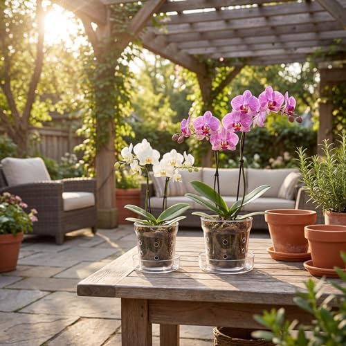 Baderke 2 Pcs Orchid Pot with Drainage Holes and Tray Transparent Glass Pot Planter for Orchids Flower Repotting Anti Slip Glass Plant Vase for Indoor Outdoor Home Decor (4 Inch + 6 Inch) - Image 5