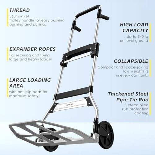 Teprovo Folding Hand Truck Dolly Cart,340LB Capacity Portable Aluminum Dolly Cart with Telescoping Handle and 7 Inch Rubber Wheels for Moving,Shopping,Travel,Office Use - Image 2