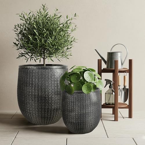 Worth 12" and 14.5" Round Planters, Lightweight Magnesium Oxide Cement Plant Pot, Raised Pattern Concrete Look with Drainage Hole, Black - Image 2