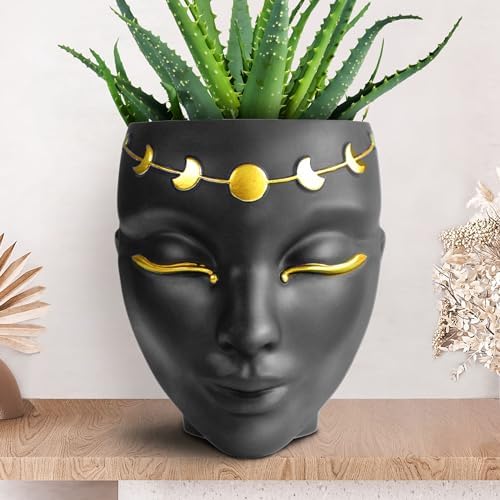 Head Planter - Indoor & Outdoor Home Decor Gifts for Plant Lovers - for Flat Surface or Wall Mount - Unique Face Planter for Flowers, Succulents, & More (7 inch, Luna Design, Black) by BossaLinda