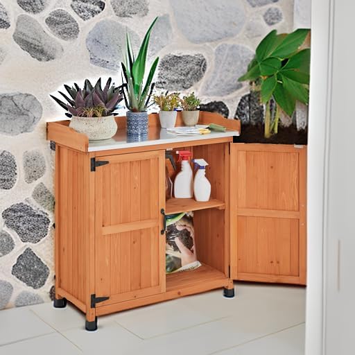 Yaheetech Rolling Potting Bench Outdoor Storage Cabinet, Metal Top, Brown - Image 5
