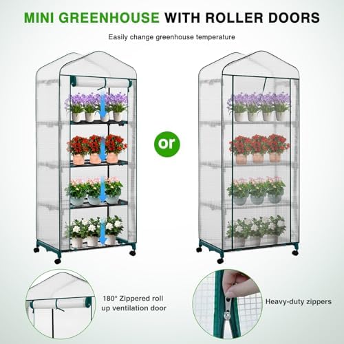 Yesker Mini Greenhouse 27"x20"x63" Portable Indoor / Outdoor Small Green House with 4 Tier 4 Shelves Wheels Thicken PE Cover Compact Greenhouses Kit for Winter Gardening Balcony Patio Backyard, White - Image 3