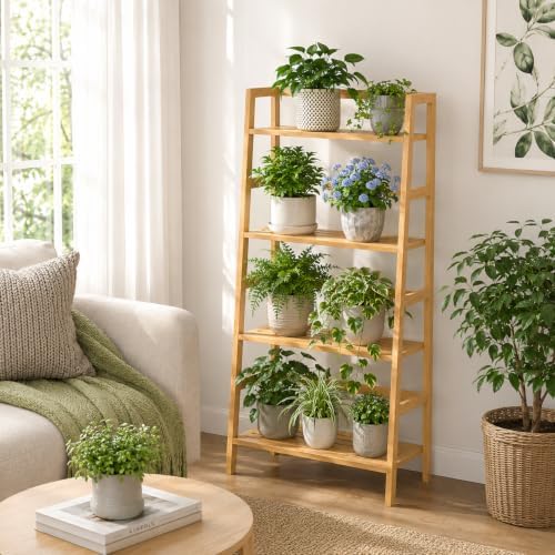 Bamboo Ladder Shelf, 4-Tier Wooden Ladder Bookshelf & Bookcase Organizer - Image 6