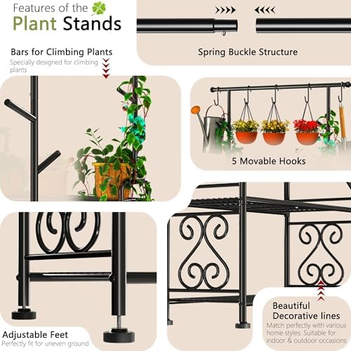 GIOTORENT Plant Stand Indoor, 3-Tier Heavy Duty Metal Shelf for Patio & Indoor, Tall Plant Holds 14+ Plants with 5 Hooks, Rust-Proof Plant Holder for Garden, Balcony, Living Room, Black - Image 6