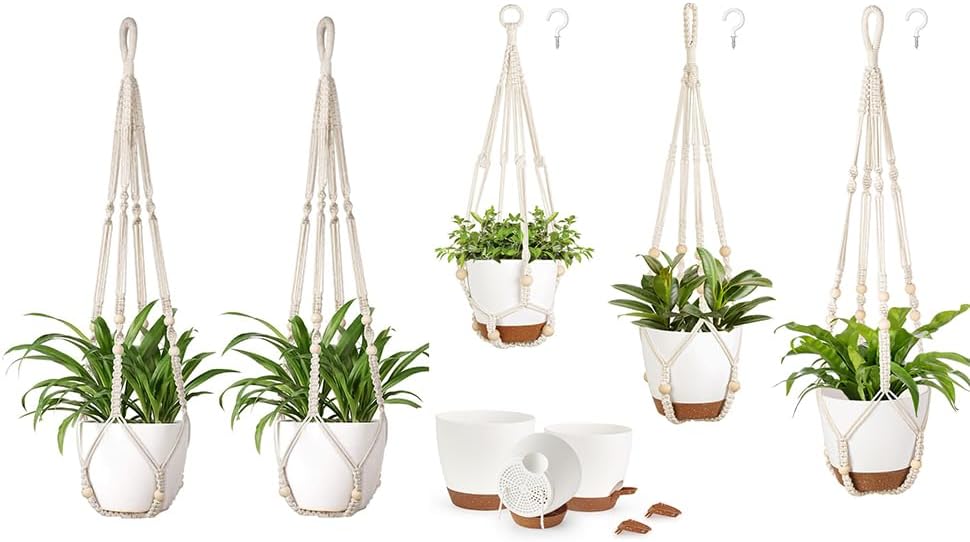 Mkono Macrame Plant Hanger and 3 Pack Plant Hangers with Self Watering Plant Pots Indoor Hanging Baskets Flower Pot Holders with Hooks No Tassels by Mkono