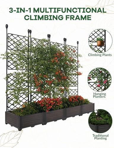 4 PCS Raised Garden Bed with Trellis & Privacy Screen, 66" w x 63" Tall Vertical Garden Planter Box for Climbing Plants - Sturdy Lightweight Outdoor Planter for Vegetables, Flowers on Patio, Balcony - Image 5