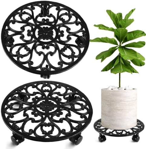 2 Pack 12 In Rolling Plant Stand with Wheels Metal Plant Caddy with Wheels by Planterhoma