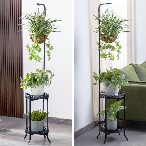 COPREE 2-tier Hanging Plant Stand, Space-Saving Iron Planter Shelves Flower Pot Organizer Rack Multiple Flower Pot Display Holder Shelf Indoor Outdoor Heavy Duty Planter Shelving Unit - Image 6