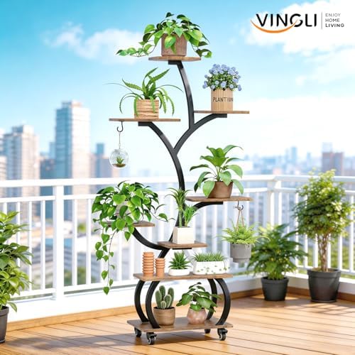 VINGLI 48" Rolling Plant Stand with Grow Lights, 8-Tier, Black & Brown - Image 3
