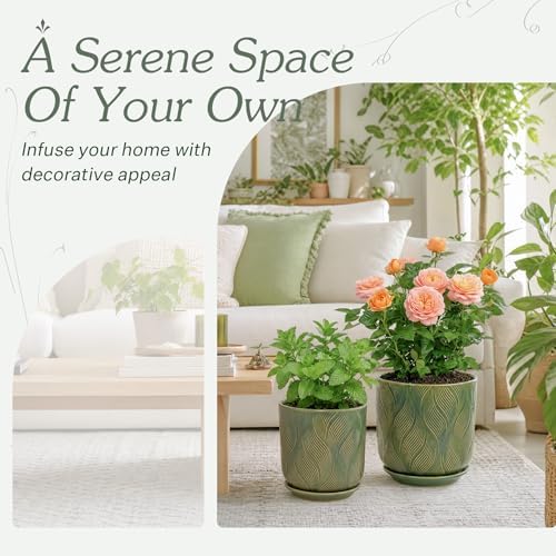 Ceramic Glaze Plant Pot Set 7.2+5.8 Inch Planter with Drainage Hole,Mesh Net,Saucer,for Indoor Outdoor (Leaf-Green) - Image 2