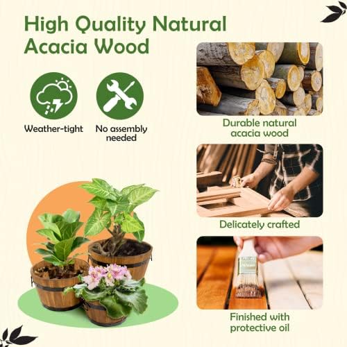 Idzo Set of 3 Wooden Flower Boxes Outdoor, Durable Acacia Wood Barrel Planters for Outdoor Plants with Ergonomic Handles, Drainage Holes, Multiple Sizes Wood Bucket Planter Light Brown - Image 2