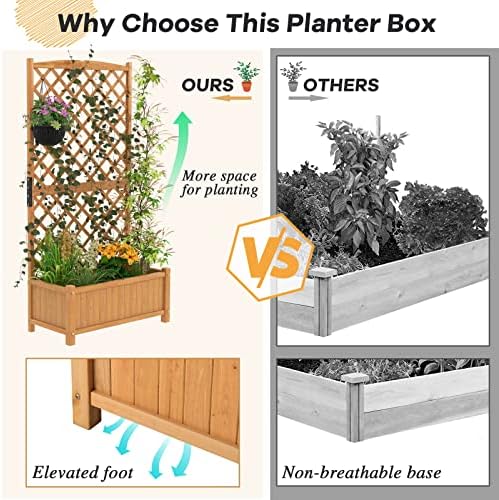S AFSTAR Raised Garden Bed with Trellis, Indoor & Outdoor Wood Elevated Plant Container with Diamond Shaped Trellis & Drain Hole, Above Ground Garden Bed for Vine Climbing Plants - Image 7