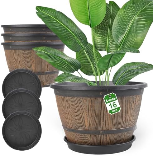 16-inch-Plant-Pots-Indoor-Outdoor, 4 Pack Large Whiskey Barrel Planters with Drainage Holes & Saucer, Plastic Flower Pots Imitation Wine Barrel Design, Decorative Garden Pots for Plants by FlowyypoPlantPot