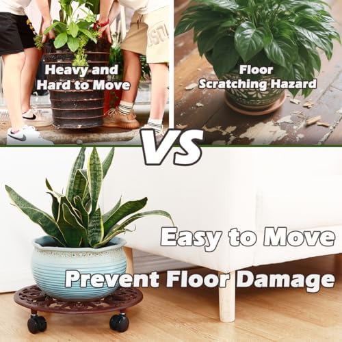 1 Packs 14 Inch Rolling Plant Stand with Wheels Metal Plant Caddy with Wheels Heavy Duty Round Plant Stand Indoor Iron Plants Rollers for Plants, Plant Dolly Brown - Image 2