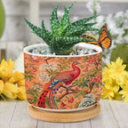 Blush Chinoiserie Bird Planter Ceramic Hydrangea Peacock in Coral Round Plant Pots with Drainage Holes and Bamboo Tray Pot for Home Desktop Office Windowsill - Image 6