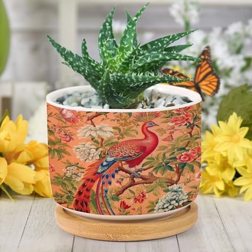 Blush Chinoiserie Bird Planter Ceramic Hydrangea Peacock in Coral Round Plant Pots with Drainage Holes and Bamboo Tray Pot for Home Desktop Office Windowsill - Image 6