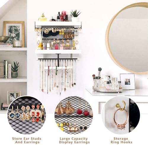 Pinzoveco Hanging Jewelry Organizer Wall Mounted With Wall Jewelry Organizer Holder For Necklaces Bracelet Earrings Ring (White) - Image 2