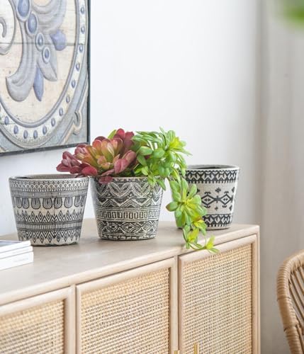 S/3 Terracotta Pots with Black and White Geometric Design - Same Size, Crackled Finish, Decorative Planters for Succulents, Indoor/Outdoor Plant Pots, Boho Vintage Home Décor - D5.5 x 4.5 - Image 2