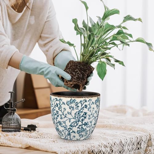 Vintage Flower Pot Blue and White Plant Pot Large Ceramic Planters for Indoor Plants Pots with Drainage Shabby Chic Planter Pots for Succulents Cactus Herb Snake Plants Outdoor Garden, 7.6/5.5 Inch - Image 4