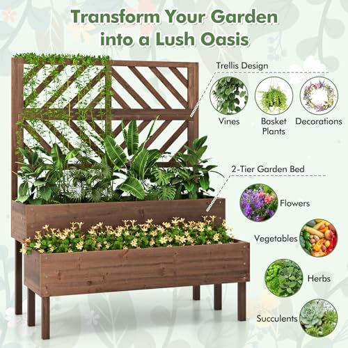 Raised Garden Bed with Trellis & 2 Planter Boxes, 2-Tier Outdoor Wooden Elevated Planter Box with Legs & Drainage Holes, Gardening Planters for Flowers, Herbs, Vegetables & Fruits(Brown) - Image 5