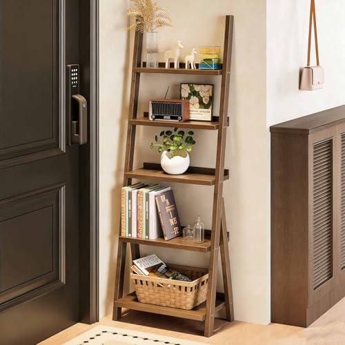 5-Tier Bamboo Ladder Shelf, Narrow Leaning Bookcase for Books and Plants, Space Saving Trapezoid Storage Rack for Living Room Entryway Office Balcony Stylish Home Decor by Unknown