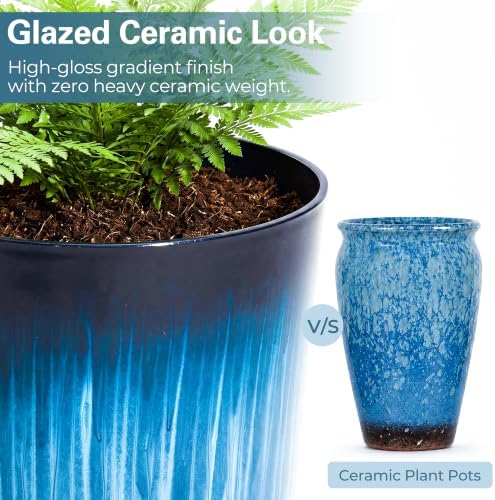 Worth Garden 20" H. Large Plastic Planters - Set of 2 Gradient Blue Glossy Smooth Finish - Tall Plant Pots for Indoor & Outdoor Use - Decorative Lightweight Flower Pots for Front Porch, Patio, Deck - Image 6