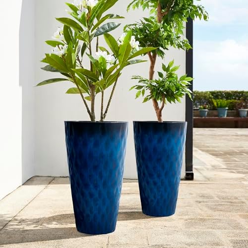 Glitzhome 23.75" H Tall Outdoor Planter, Set of 2 Wavy Texture Cobalt Blue Large Outdoor Planters, with Drainage Hole, Plastic Large Round Decorative Flower Plant Pot for Front Porch, Indoor - Image 7