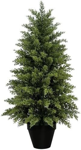 Mavis's Diary 3ft Artificial Cedar Topiary Tree, Set of 1 Realistic Faux Evergreen Shrub Plant in Planter, Indoor Outdoor Fake Cedar Tree for Front Porch, Entryway, Office & Home Decor by MavissDiary