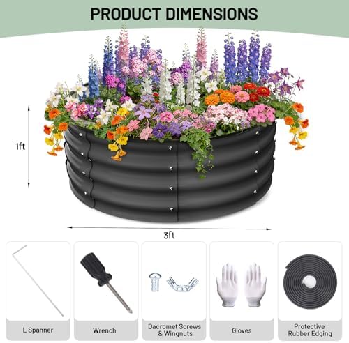 Garvee Galvanized Raised Garden Bed, 2Pcs Raised Garden Beds Outdoor, Round Planter Raised Beds with Gloves and Rubber Edge Trim for Vegetables, Flowers and Herbs, 3x3x1 FT, Dark Grey - Image 2