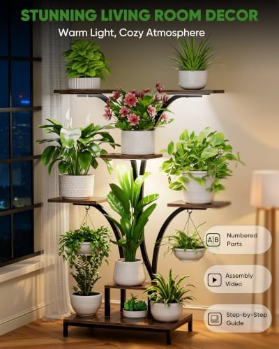 7 Tiered Plant Stand Indoor with 3 Grow Lights, 59" Tall Corner Plant Shelf for Multiple Plants, W-Shaped Metal Wood Plant Rack for Living Room, Bedroom, Office, Home Decor, Rustic Brown - Image 5