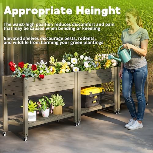 Elevated Raised Garden Bed with Wheels,Outdoor Large Resin Patio Planter Box Stand Divisible with Drain Plug,Water Monitor for Plants Vegetables Flowers Fruits(Grey,43.31 * 17.72 * 33.66) - Image 7