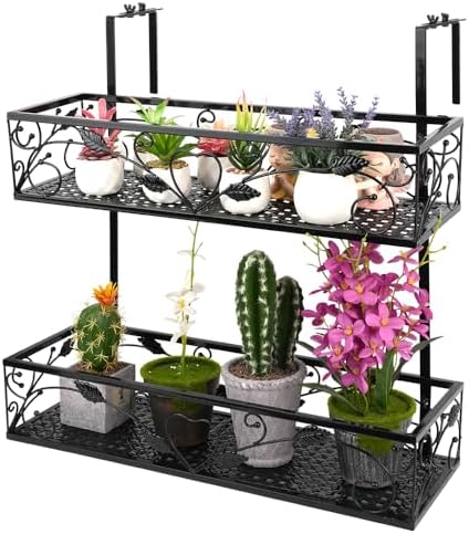 2-Tier Flower Pot Stand Rack, Balcony Railing Planters, Metal Hanging Plant Holder, Adjustable Plants Rack Bucket for Outdoor Patio Porch Fence (Black) by Mulaibdin