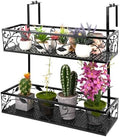 2-Tier Flower Pot Stand Rack, Balcony Railing Planters, Metal Hanging Plant Holder, Adjustable Plants Rack Bucket for Outdoor Patio Porch Fence (Black) by Mulaibdin