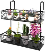 2-Tier Flower Pot Stand Rack, Balcony Railing Planters, Metal Hanging Plant Holder, Adjustable Plants Rack Bucket for Outdoor Patio Porch Fence (Black) by Mulaibdin