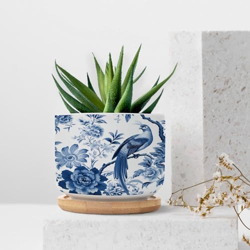 Blue Indigo Floral Chinoiserie Ceramic Planters Asian Navy Bird Snake Plant Live Indoor with Pot with Drainage Holes and Saucers Pot for Outdoor Garden Home Plant - Image 7