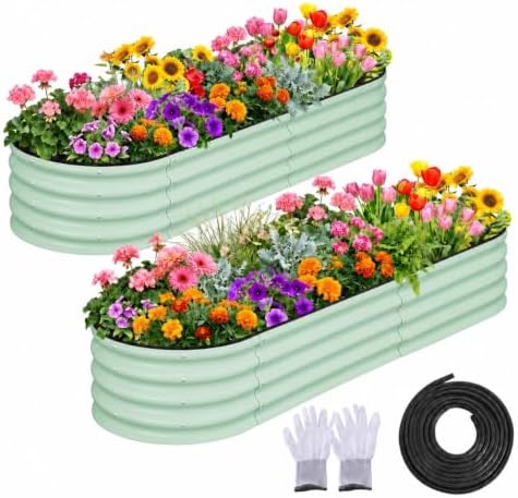 GarveeLife 2 Pcs 6x3x1 ft Oval Raised Garden Bed, Galvanized Raised Beds,Open-Ended Base Metal Raised Planter Beds,Garden Bed Outdoor,Planter Raised Boxes for Vegetables, Flowers,Tool-Free Asse,Green by GarveeLife