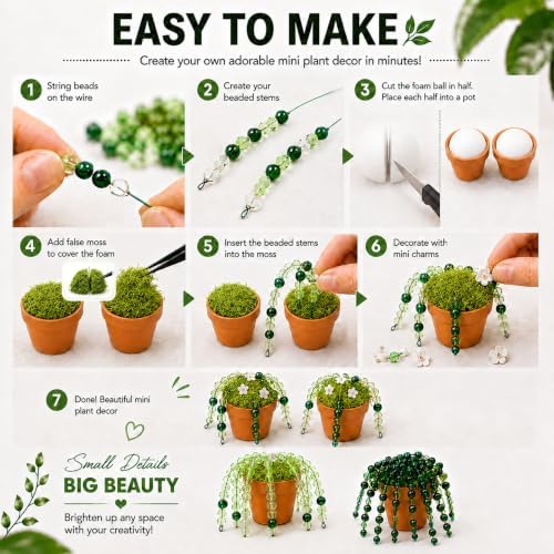 LWPFSD Beaded Plant Kit with 2 Mini Pots & Fridge Magnets, DIY Bead Plant Making Kit with Plant Beads, Craft Wire, Foam Balls, Moss & Pliers, Forever Beaded Plant Craft Gift for Adults - Image 6